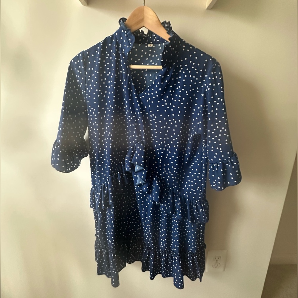 Navy Blue White Polka Dot Ruffle Midi lDress